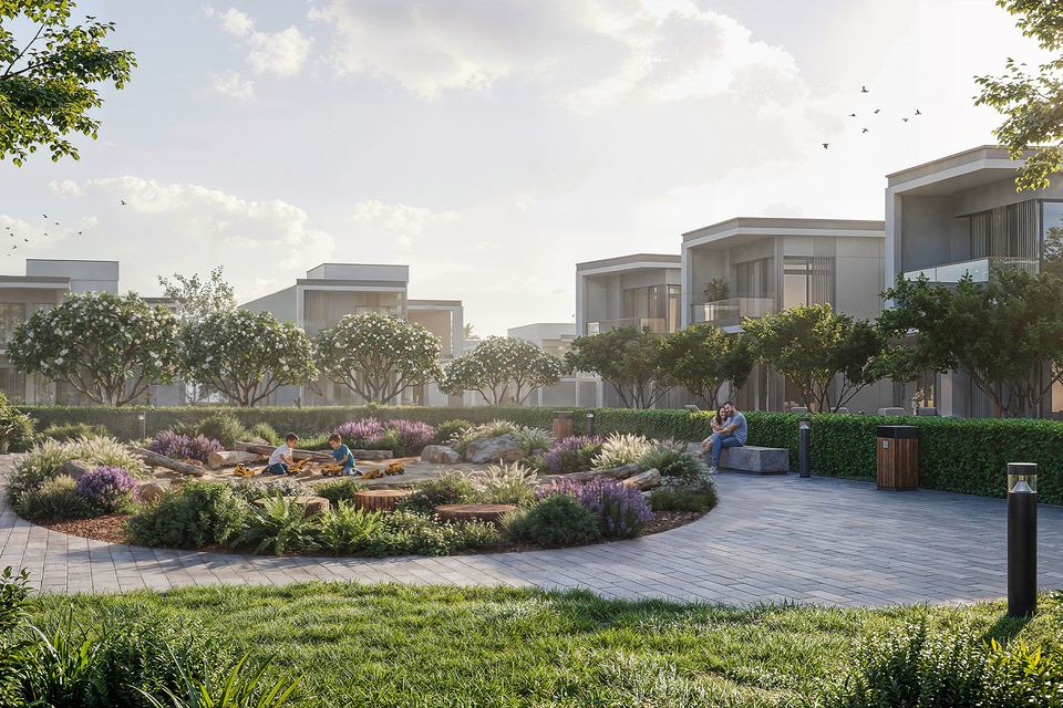 Landscaped garden court between villas
