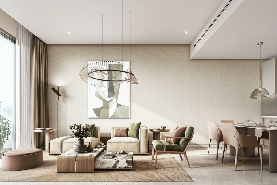Open-plan living and dining room in a Woods Abode apartment