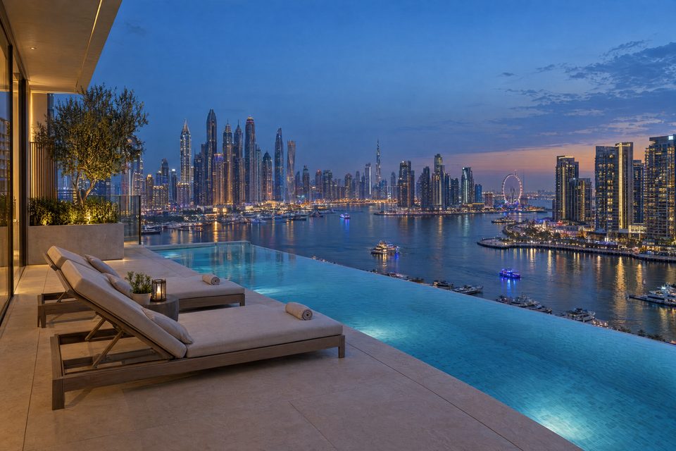 A rooftop pool terrace at blue hour above a lit waterfront