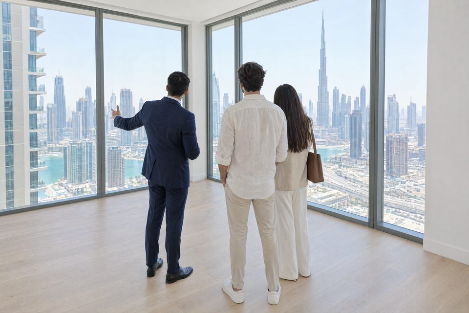 An adviser showing a couple the view from an empty new apartment
